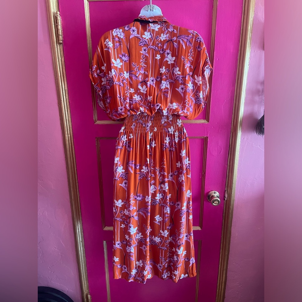 Rare Corey Lynn Calter orange & purple flower Clementine dress with velvet tie - Picture 8 of 10